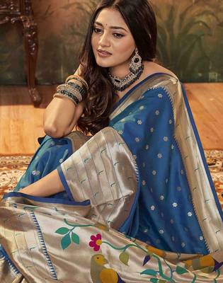 teal woven design zari paithani saree 3