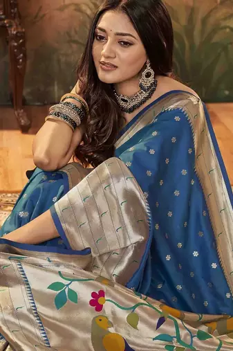 teal woven design zari paithani saree