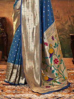teal woven design zari paithani saree 4