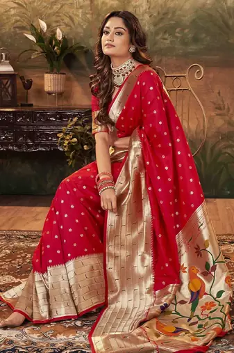 red woven design zari paithani saree