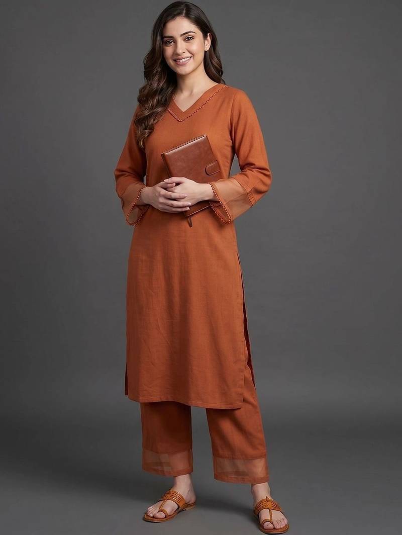 women regular silk crepe kurta with trousers