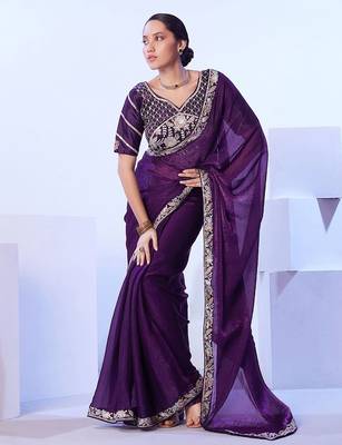 purple floral embroidered pure chiffon saree 1