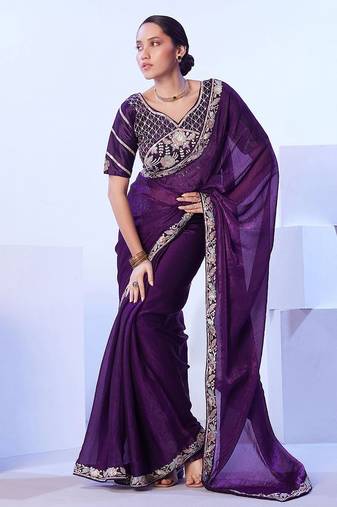 purple floral embroidered pure chiffon saree