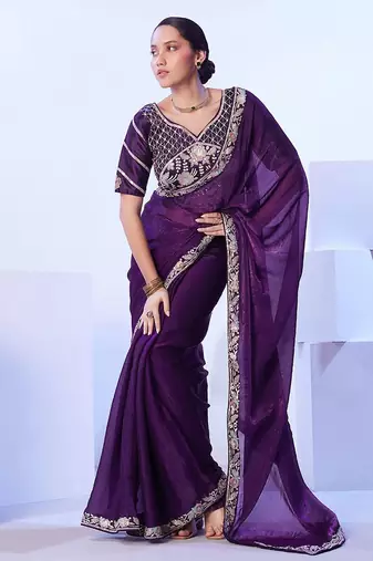 purple floral embroidered pure chiffon saree