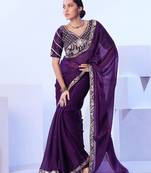 purple floral embroidered pure chiffon saree