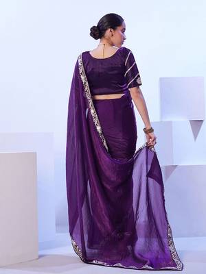 purple floral embroidered pure chiffon saree 2