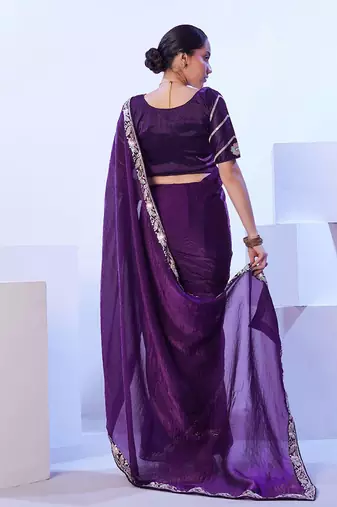 purple floral embroidered pure chiffon saree