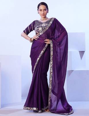 purple floral embroidered pure chiffon saree 3