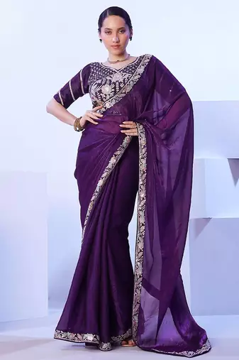 purple floral embroidered pure chiffon saree