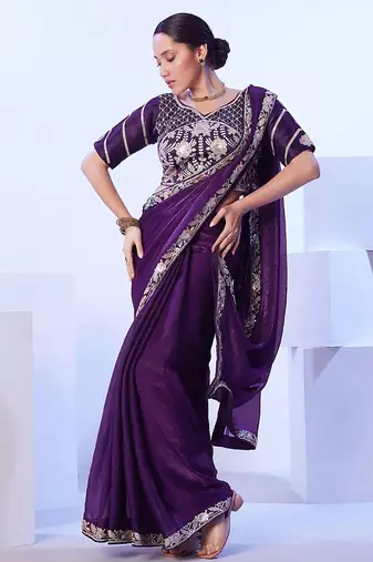 purple floral embroidered pure chiffon saree