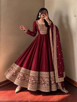 Women's maroon heavy zari & sequins work anarkali suit set with straight pant and embroidered dupatta 1