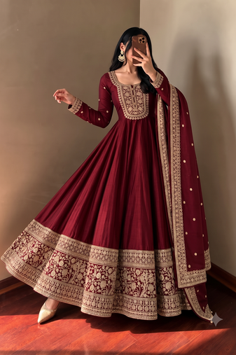 Women's maroon heavy zari & sequins work anarkali suit set with straight pant and embroidered dupatta