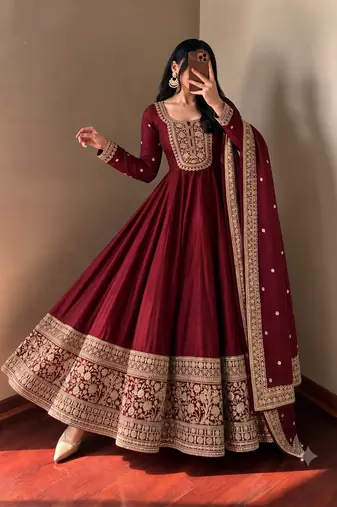 Women's maroon heavy zari & sequins work anarkali suit set with straight pant and embroidered dupatta