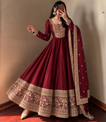 Women's maroon heavy zari & sequins work anarkali suit set with straight pant and embroidered dupatta