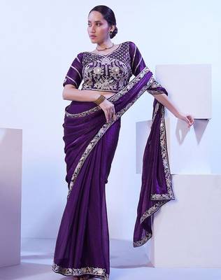 purple floral embroidered pure chiffon saree 5