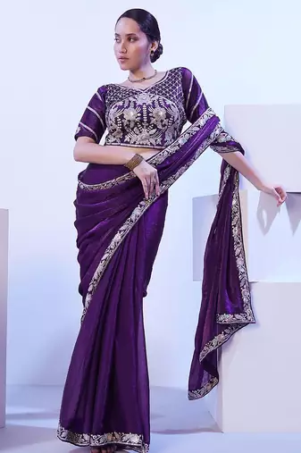 purple floral embroidered pure chiffon saree