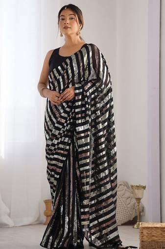 black striped sequinned saree with unstitched blouse piece