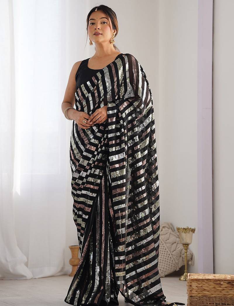 black striped sequinned saree with unstitched blouse piece