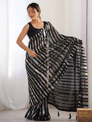 black striped sequinned saree with unstitched blouse piece 2