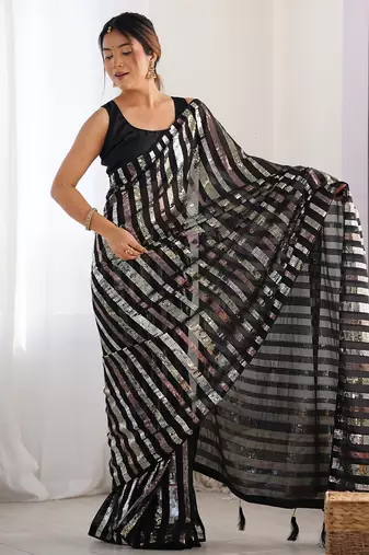black striped sequinned saree with unstitched blouse piece