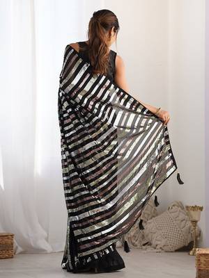 black striped sequinned saree with unstitched blouse piece 3