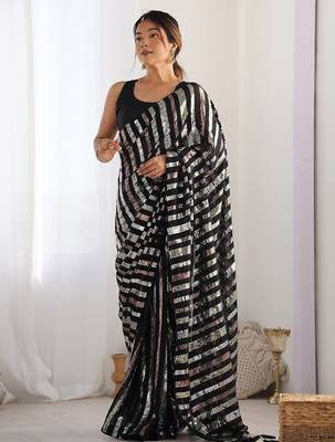 black striped sequinned saree with unstitched blouse piece 4