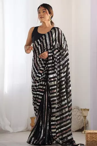 black striped sequinned saree with unstitched blouse piece