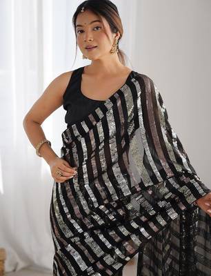 black striped sequinned saree with unstitched blouse piece 5