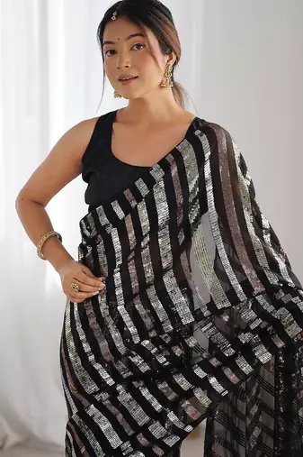 black striped sequinned saree with unstitched blouse piece