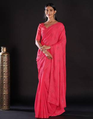 pink pink & silver-toned embellished satin saree 1