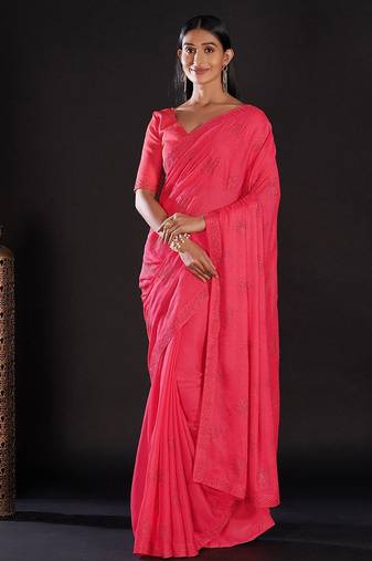 pink pink & silver-toned embellished satin saree