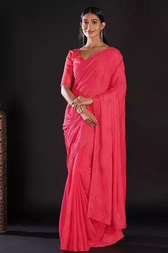 pink pink & silver-toned embellished satin saree