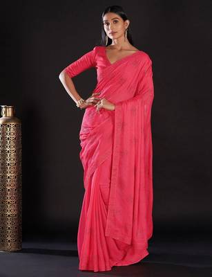 pink pink & silver-toned embellished satin saree 2