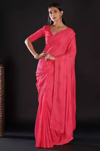 pink pink & silver-toned embellished satin saree