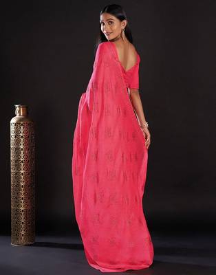 pink pink & silver-toned embellished satin saree 3