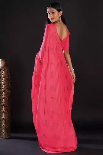 pink pink & silver-toned embellished satin saree