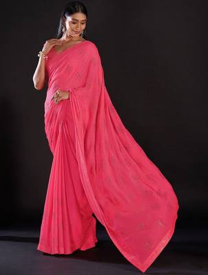 pink pink & silver-toned embellished satin saree 4