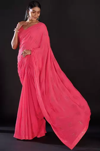 pink pink & silver-toned embellished satin saree