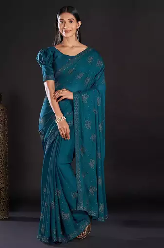 teal teal & gold-toned embellished satin saree