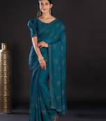teal teal & gold-toned embellished satin saree