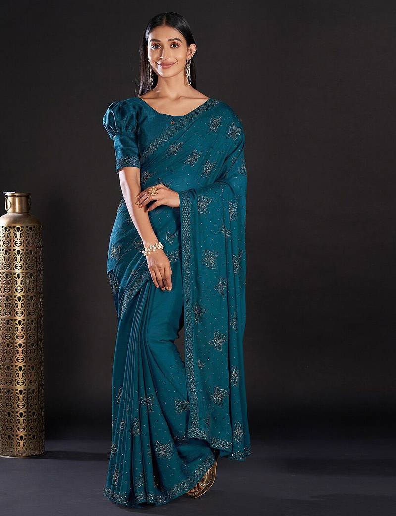 teal teal & gold-toned embellished satin saree