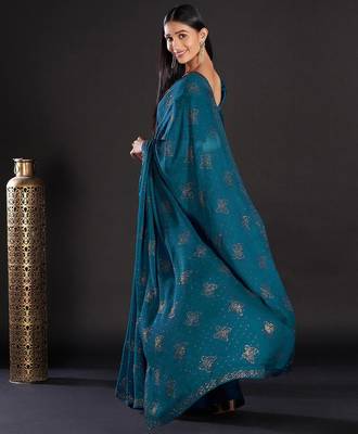teal teal & gold-toned embellished satin saree 2