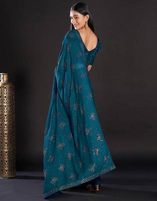 teal teal & gold-toned embellished satin saree 3