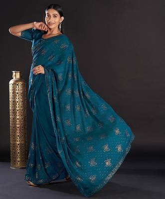teal teal & gold-toned embellished satin saree 4