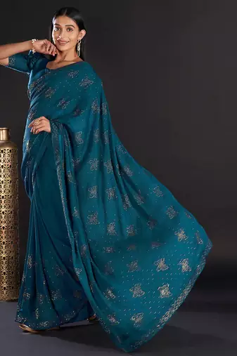 teal teal & gold-toned embellished satin saree