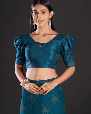 teal teal & gold-toned embellished satin saree 5