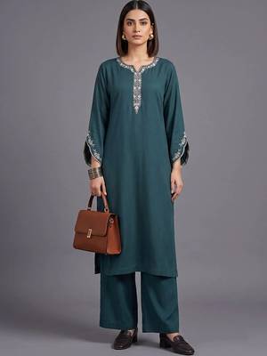 women ethnic motifs embroidered regular thread work kurta with palazzos 1