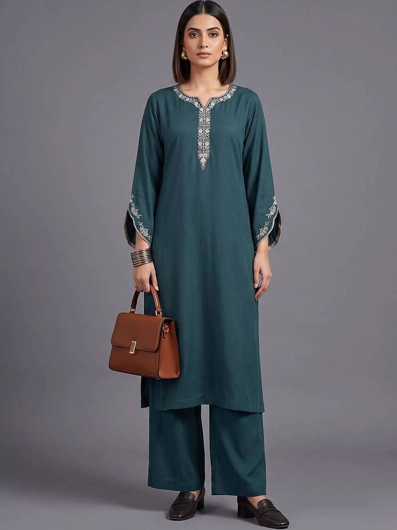 women ethnic motifs embroidered regular thread work kurta with palazzos