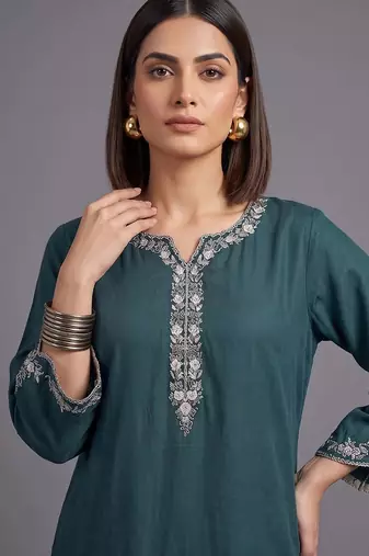women ethnic motifs embroidered regular thread work kurta with palazzos