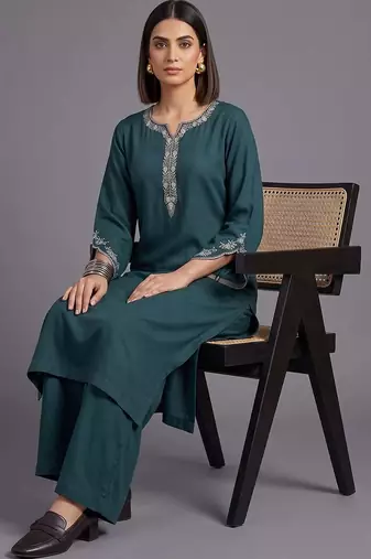women ethnic motifs embroidered regular thread work kurta with palazzos